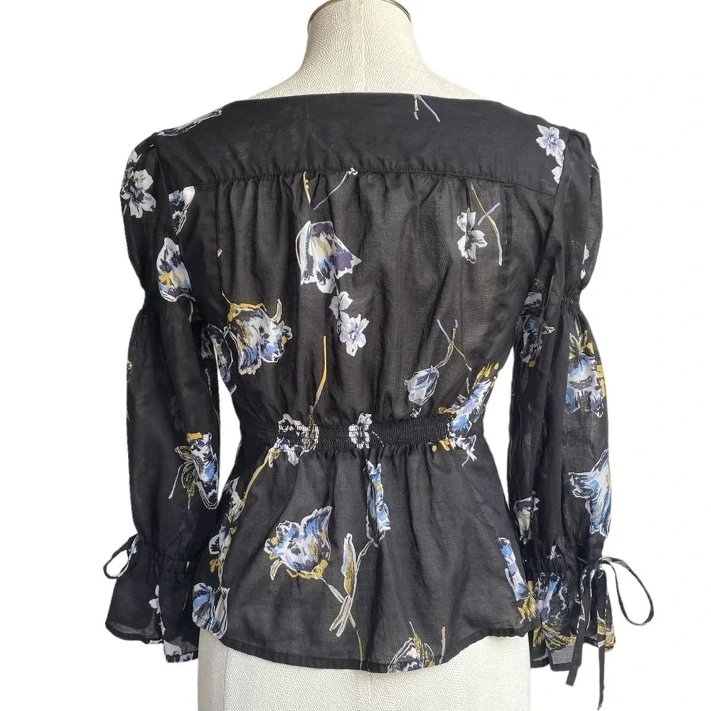 Free People Women's Floral Blouse‎ Black Square Neck Long Sleeve Tie Cuff Top S